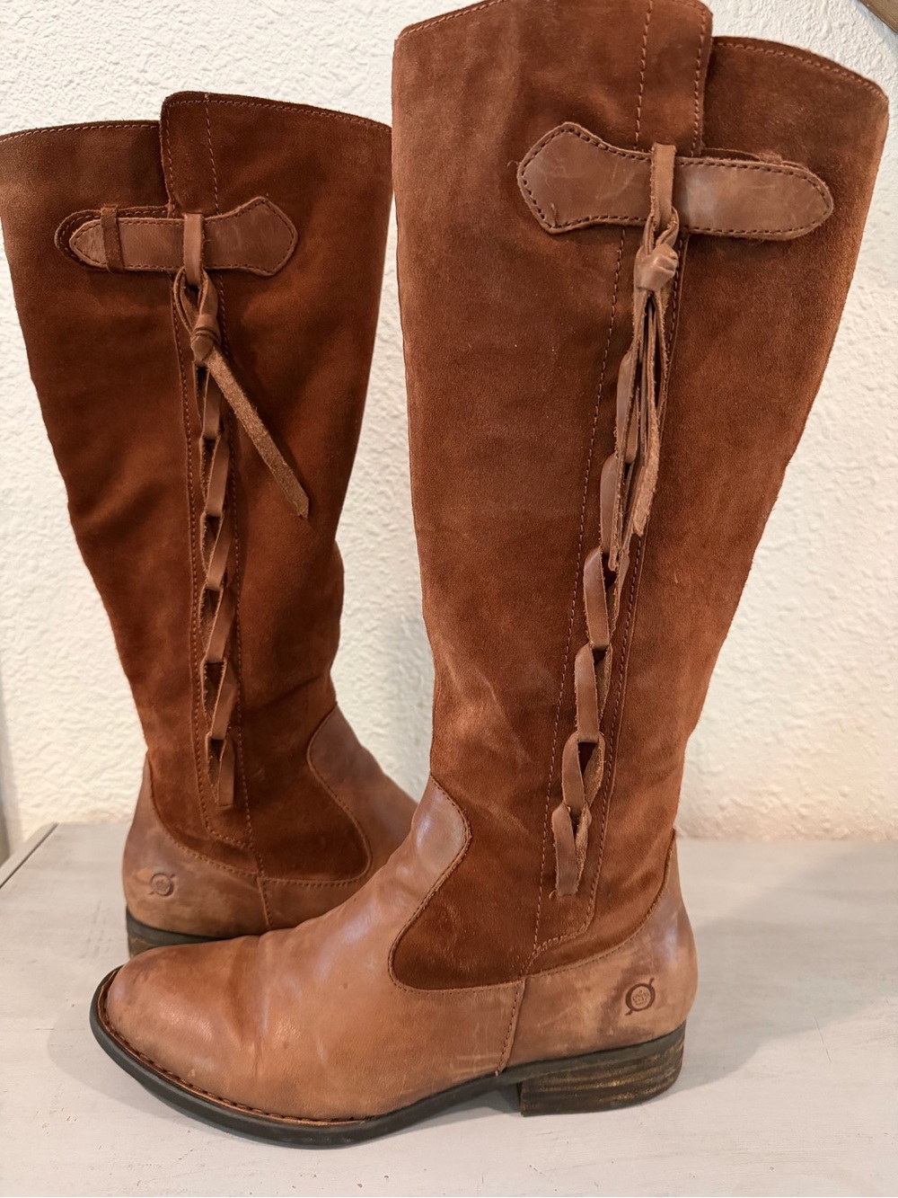 Born Brown Suede & Leather Knee-High Braided-Trim Boots